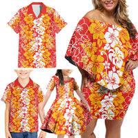 Hawaiian Lei Day Family Matching Off Shoulder Short Dress and Hawaiian Shirt Red Hibiscus Flowers Lei Art