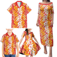 Hawaiian Lei Day Family Matching Puletasi and Hawaiian Shirt Red Hibiscus Flowers Lei Art