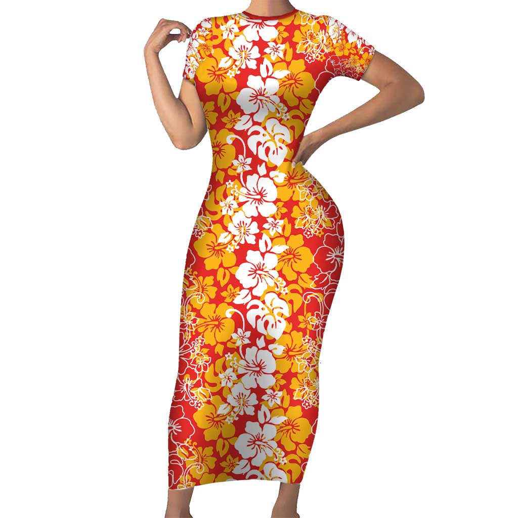 Hawaiian Lei Day Family Matching Short Sleeve Bodycon Dress and Hawaiian Shirt Red Hibiscus Flowers Lei Art