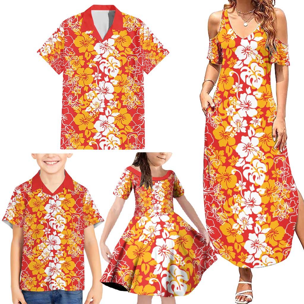 Hawaiian Lei Day Family Matching Summer Maxi Dress and Hawaiian Shirt Red Hibiscus Flowers Lei Art