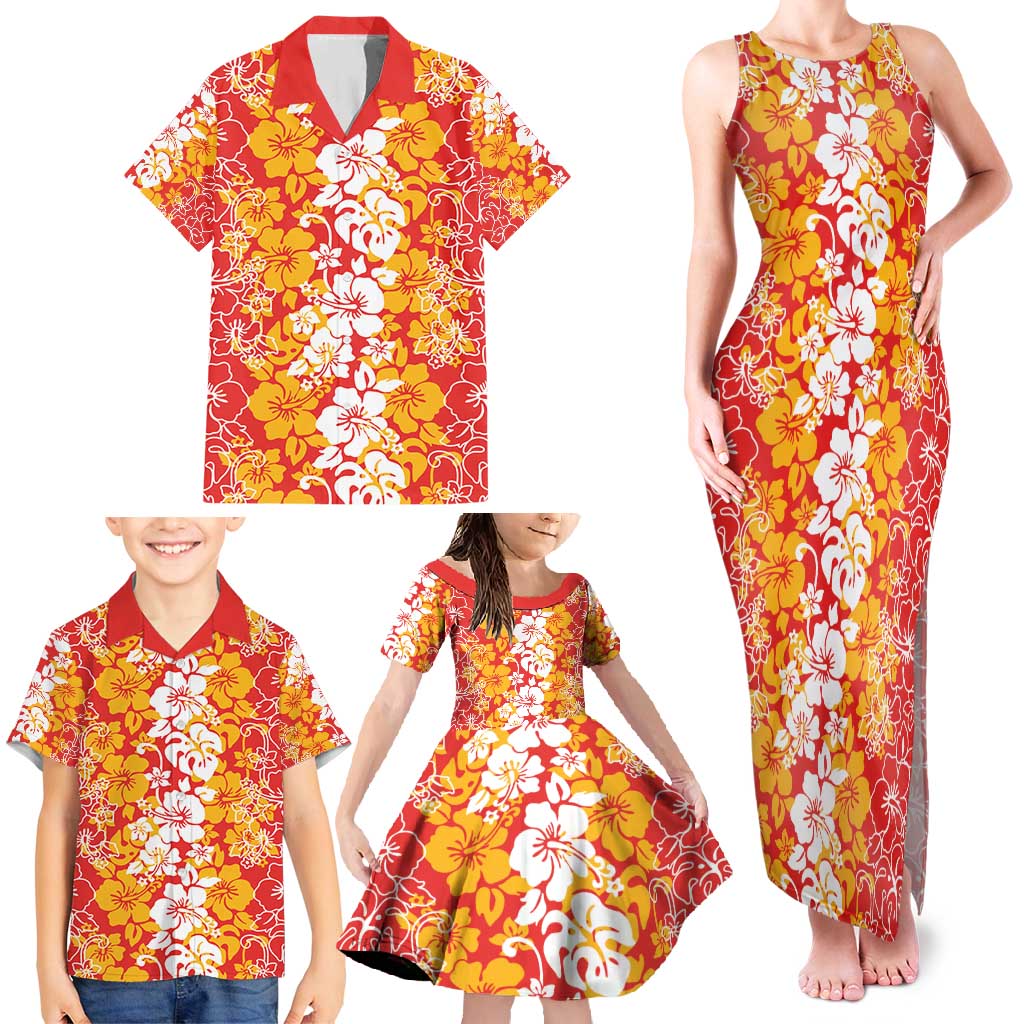 Hawaiian Lei Day Family Matching Tank Maxi Dress and Hawaiian Shirt Red Hibiscus Flowers Lei Art