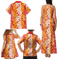Hawaiian Lei Day Family Matching Tank Maxi Dress and Hawaiian Shirt Red Hibiscus Flowers Lei Art