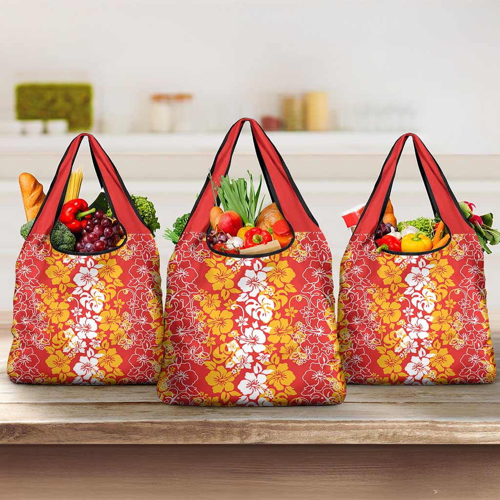Hawaiian Lei Day Grocery Bag Red Hibiscus Flowers Lei Art LT9 3-pack One Size Red - Polynesian Pride