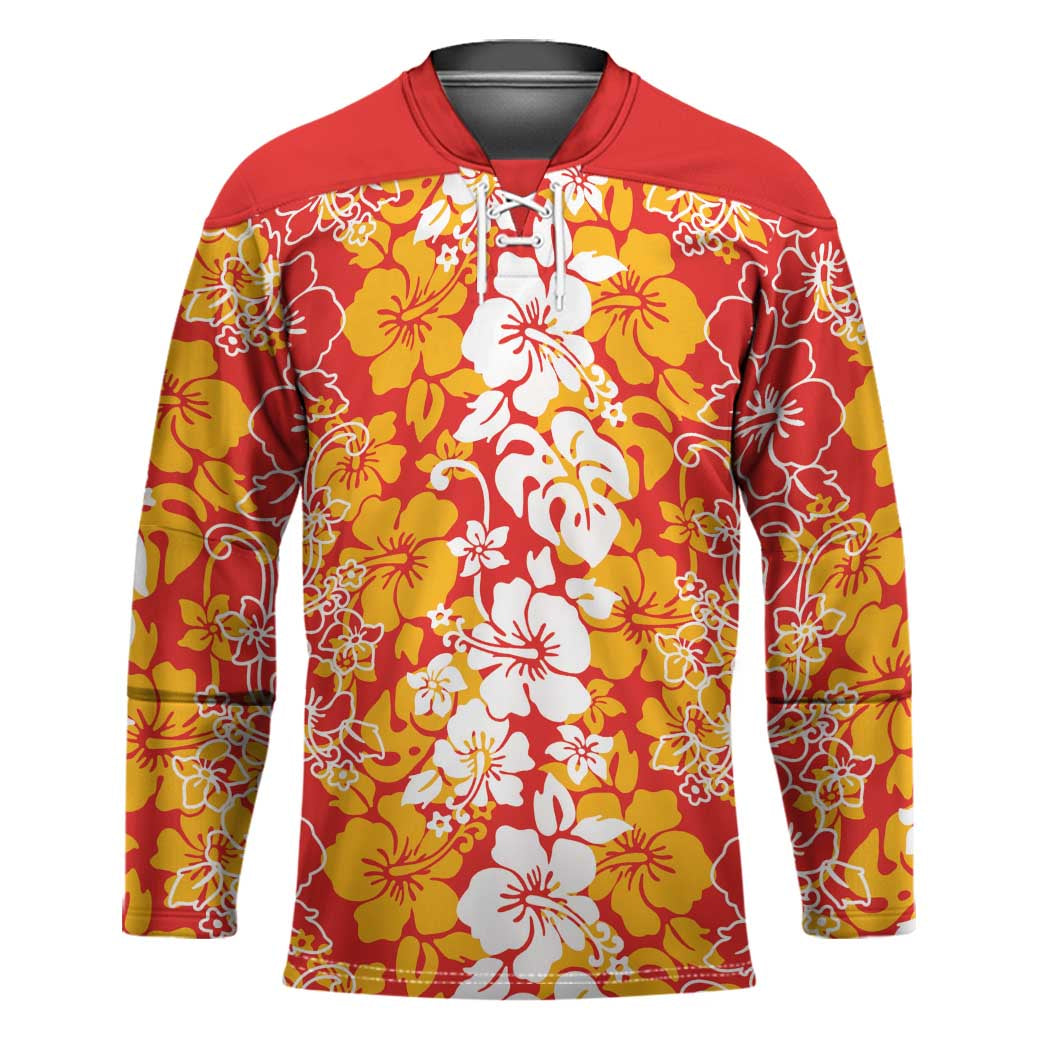 Hawaiian Lei Day Hockey Jersey Red Hibiscus Flowers Lei Art - Polynesian Pride