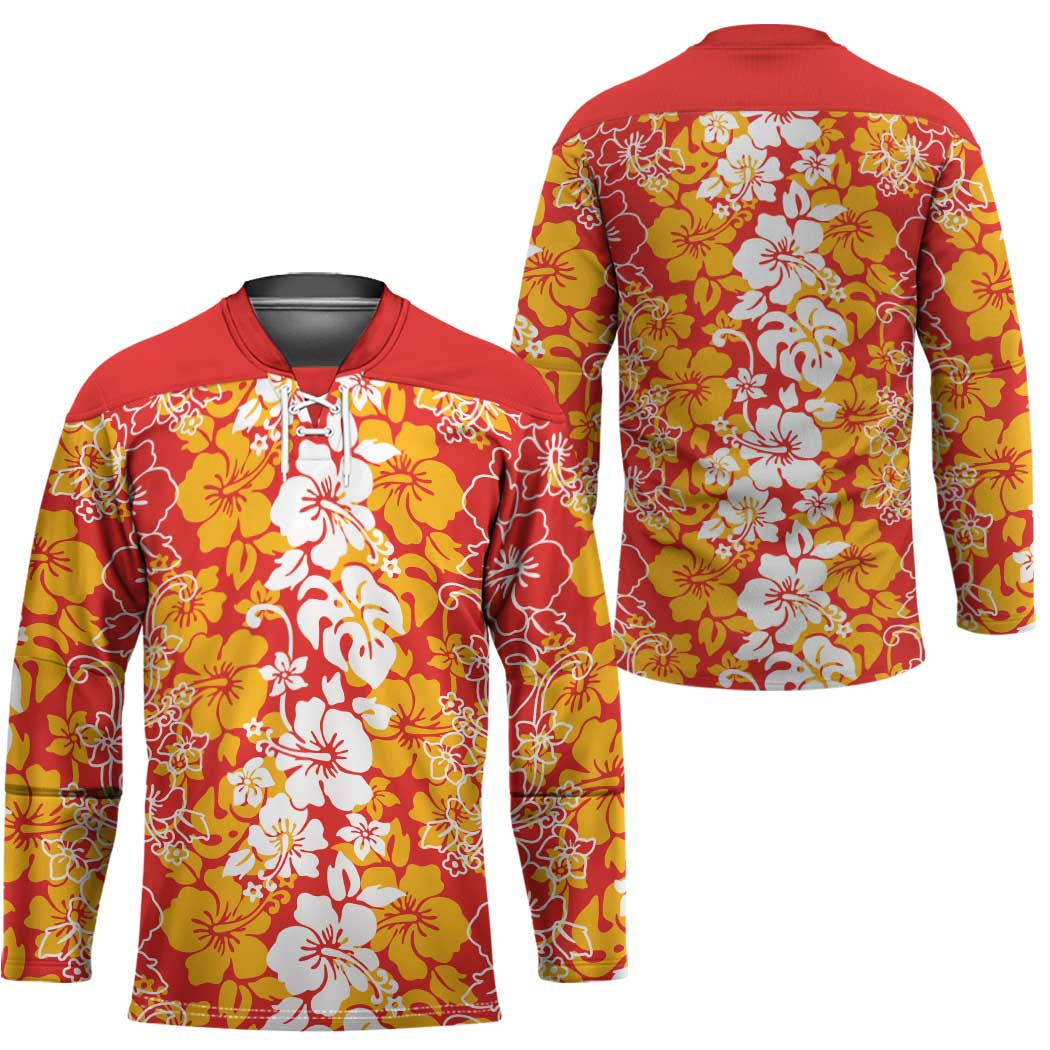Hawaiian Lei Day Hockey Jersey Red Hibiscus Flowers Lei Art - Polynesian Pride
