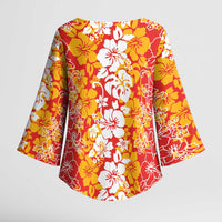 Hawaiian Lei Day Kimono Sleeve Blouse Red Hibiscus Flowers Lei Art - Polynesian Pride