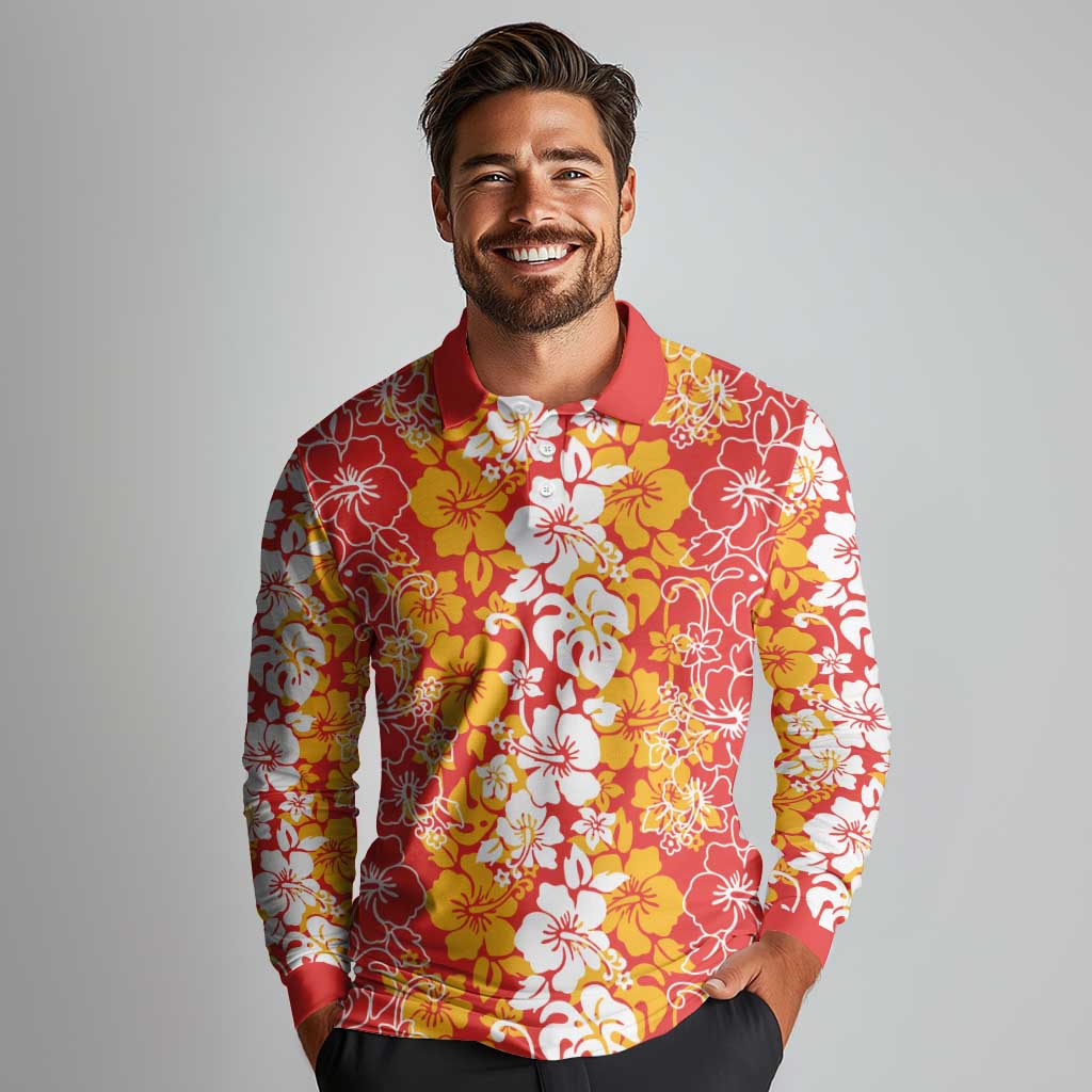 Hawaiian Lei Day Long Sleeve Polo Shirt Red Hibiscus Flowers Lei Art