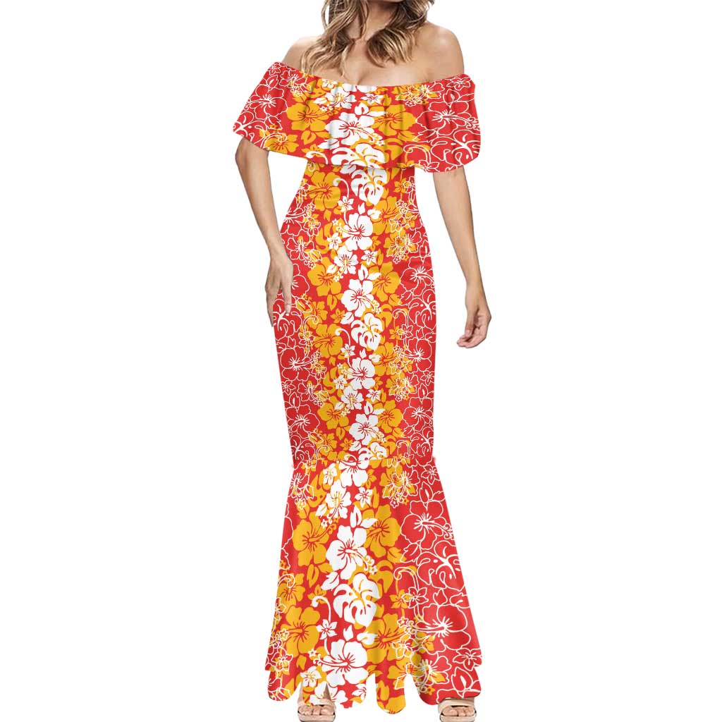 Hawaiian Lei Day Mermaid Dress Red Hibiscus Flowers Lei Art