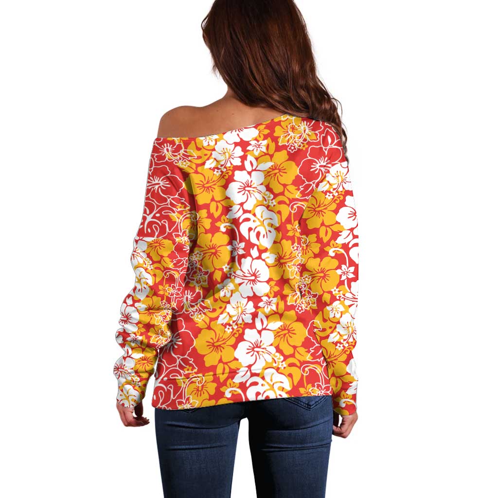 Hawaiian Lei Day Off Shoulder Sweater Red Hibiscus Flowers Lei Art