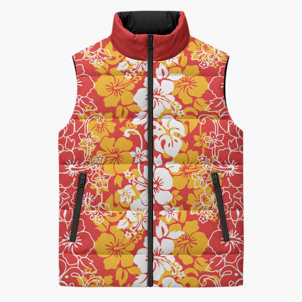 Hawaiian Lei Day Sleeveless Puffer Jacket Red Hibiscus Flowers Lei Art - Polynesian Pride