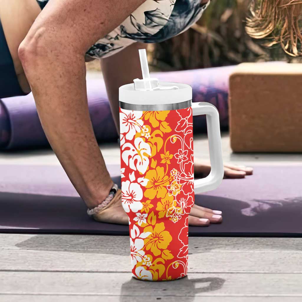 Hawaiian Lei Day Tumbler With Handle Red Hibiscus Flowers Lei Art