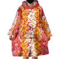 Hawaiian Lei Day Wearable Blanket Hoodie Red Hibiscus Flowers Lei Art