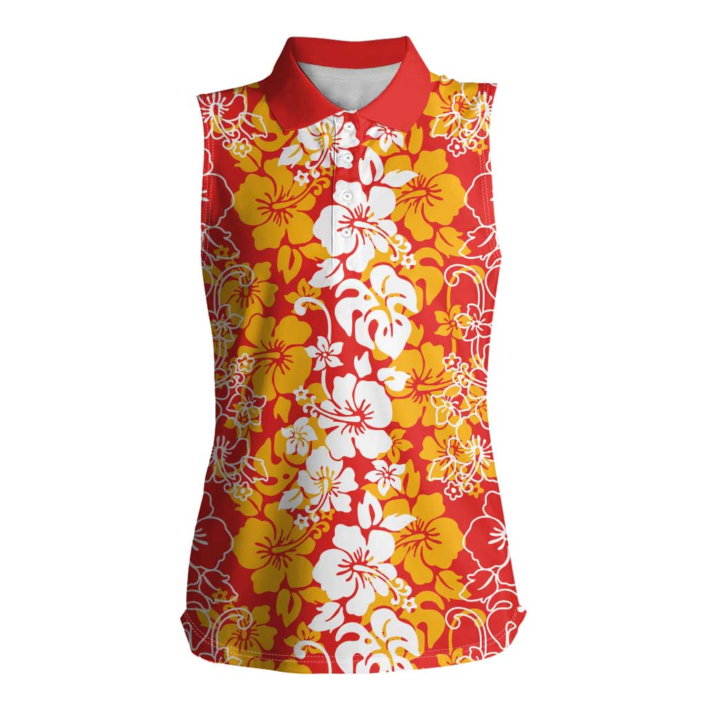 Hawaiian Lei Day Women Sleeveless Polo Shirt Red Hibiscus Flowers Lei Art