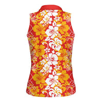 Hawaiian Lei Day Women Sleeveless Polo Shirt Red Hibiscus Flowers Lei Art