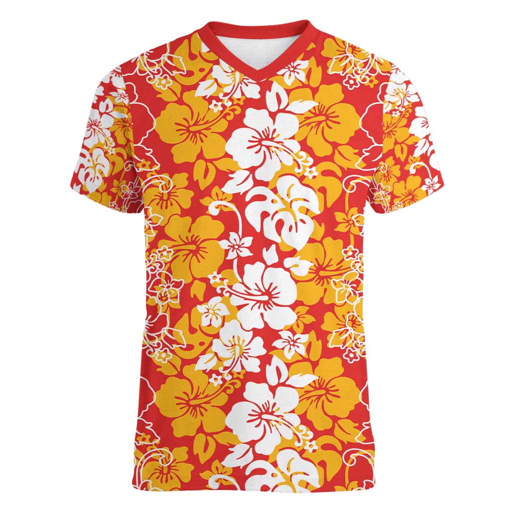 Hawaiian Lei Day Women V-Neck T-Shirt Red Hibiscus Flowers Lei Art