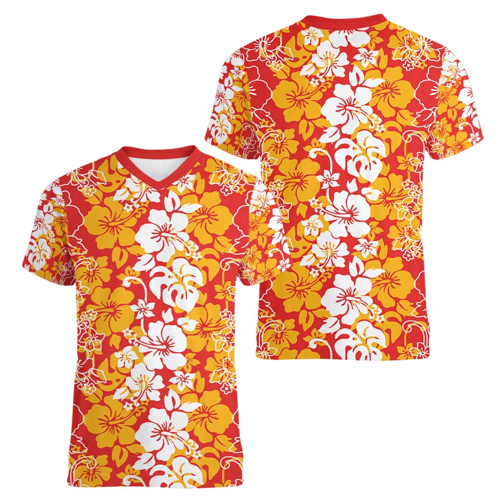 Hawaiian Lei Day Women V-Neck T-Shirt Red Hibiscus Flowers Lei Art