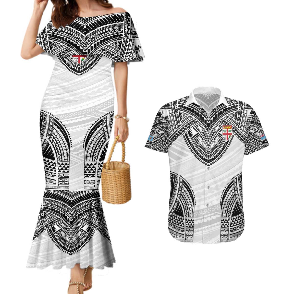 Flying Fijians Pacific Fiji Rugby Custom Couples Matching Mermaid Dress and Hawaiian Shirt Polynesian Pattern