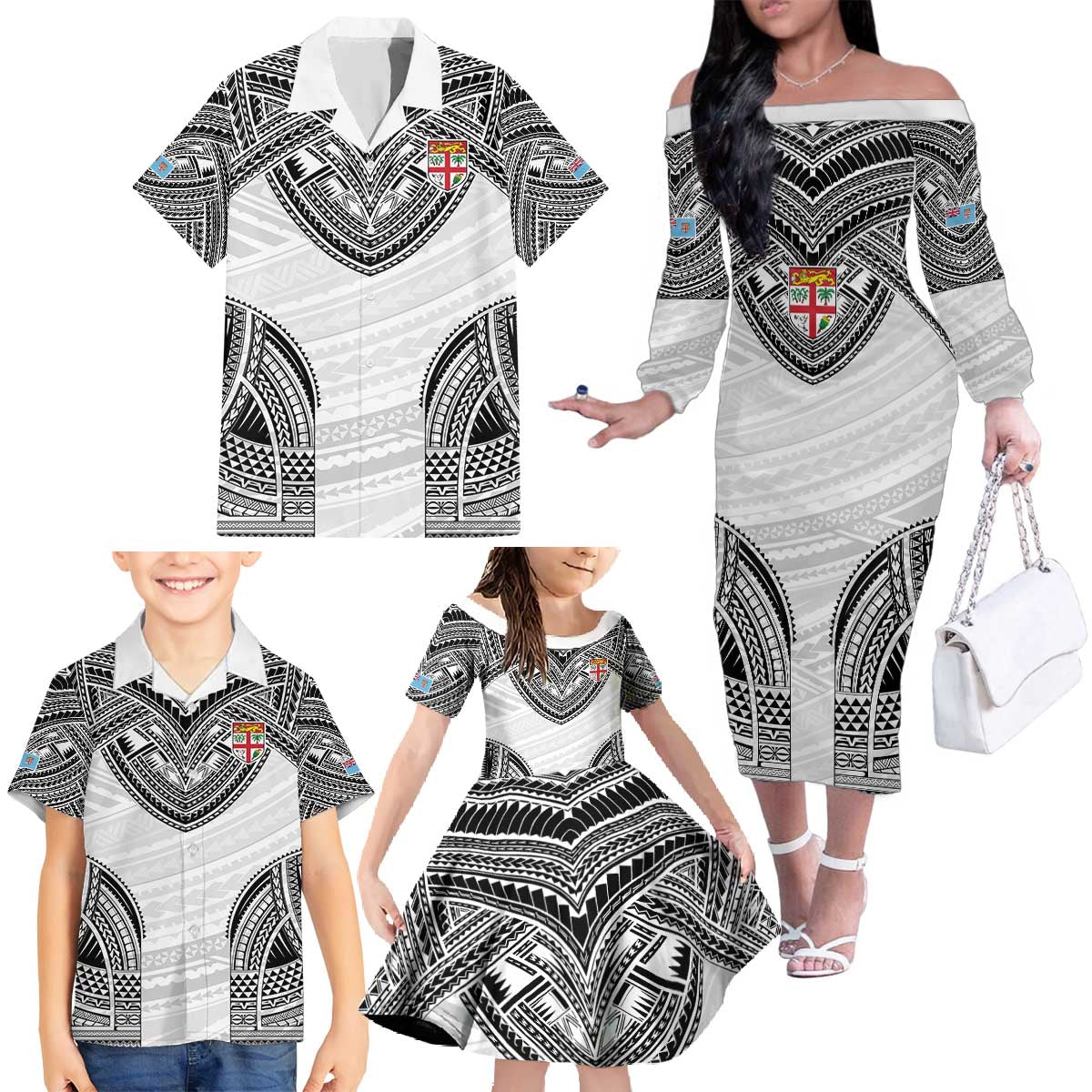 Flying Fijians Pacific Fiji Rugby Custom Family Matching Off The Shoulder Long Sleeve Dress and Hawaiian Shirt Polynesian Pattern