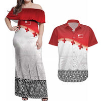 Ikale Tahi Pacific Tonga Rugby Custom Couples Matching Off Shoulder Maxi Dress and Hawaiian Shirt Tongan Ngatu with Flag Pattern