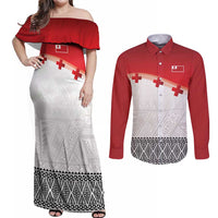 Ikale Tahi Pacific Tonga Rugby Custom Couples Matching Off Shoulder Maxi Dress and Long Sleeve Button Shirt Tongan Ngatu with Flag Pattern