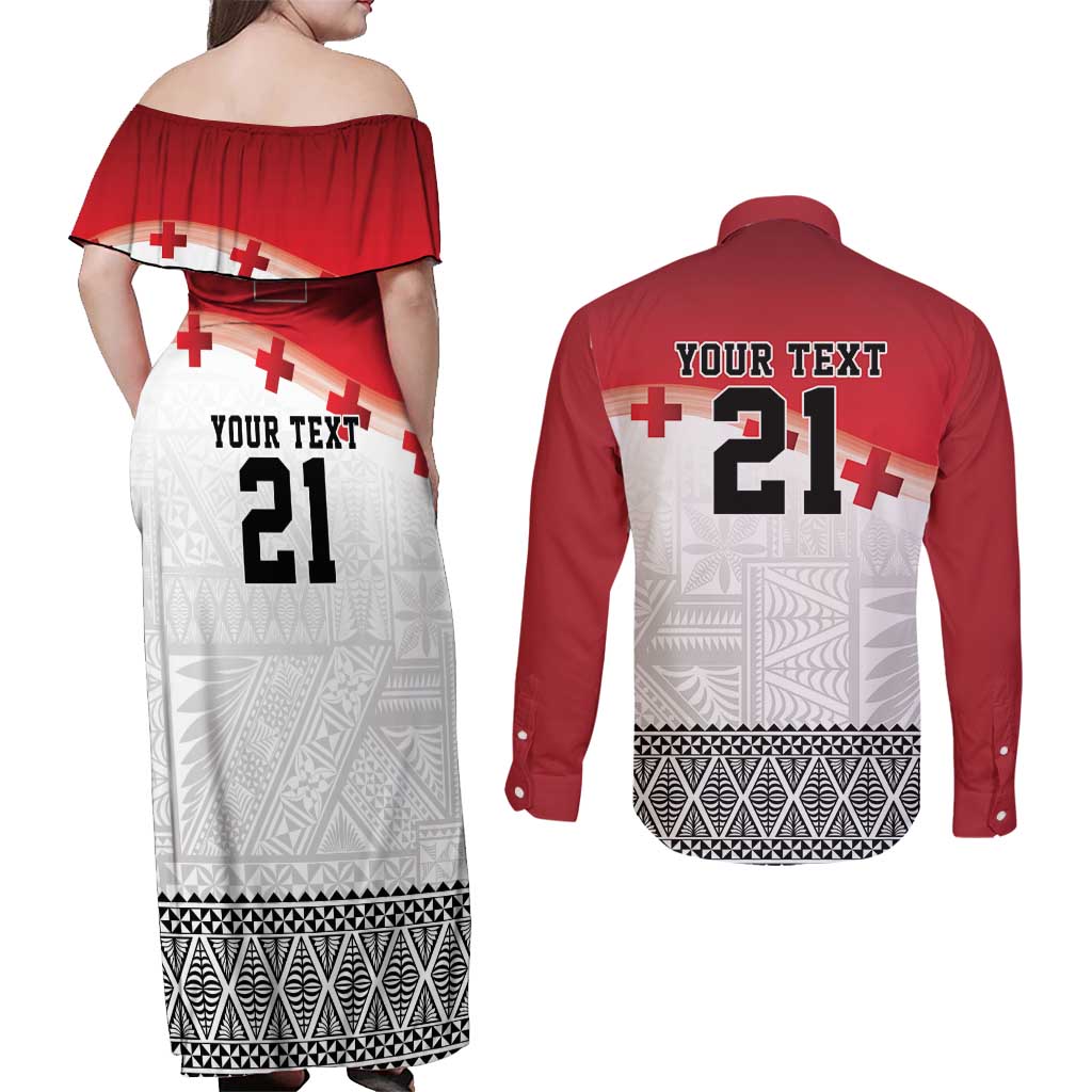 Ikale Tahi Pacific Tonga Rugby Custom Couples Matching Off Shoulder Maxi Dress and Long Sleeve Button Shirt Tongan Ngatu with Flag Pattern