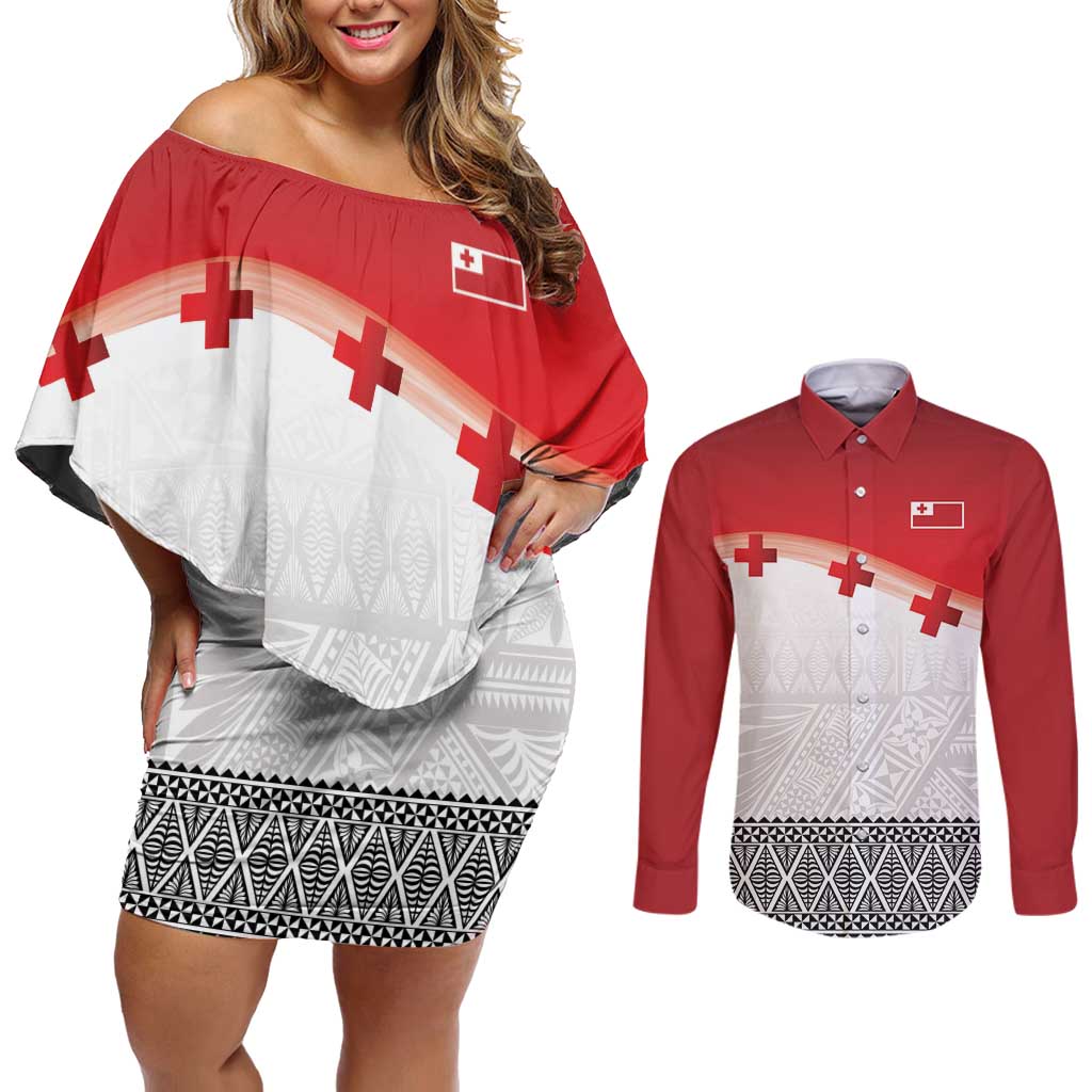 Ikale Tahi Pacific Tonga Rugby Custom Couples Matching Off Shoulder Short Dress and Long Sleeve Button Shirt Tongan Ngatu with Flag Pattern