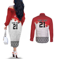 Ikale Tahi Pacific Tonga Rugby Custom Couples Matching Off The Shoulder Long Sleeve Dress and Long Sleeve Button Shirt Tongan Ngatu with Flag Pattern