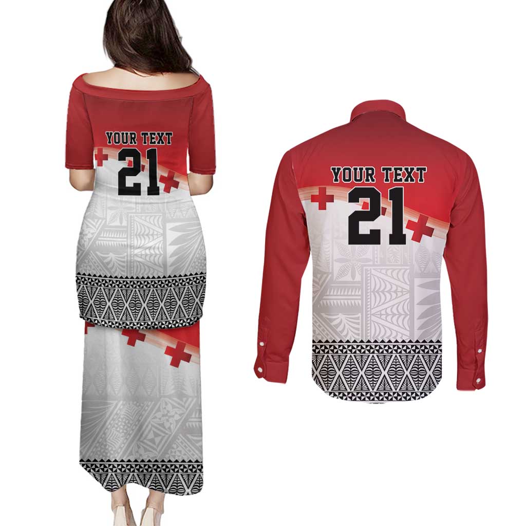 Ikale Tahi Pacific Tonga Rugby Custom Couples Matching Puletasi and Long Sleeve Button Shirt Tongan Ngatu with Flag Pattern
