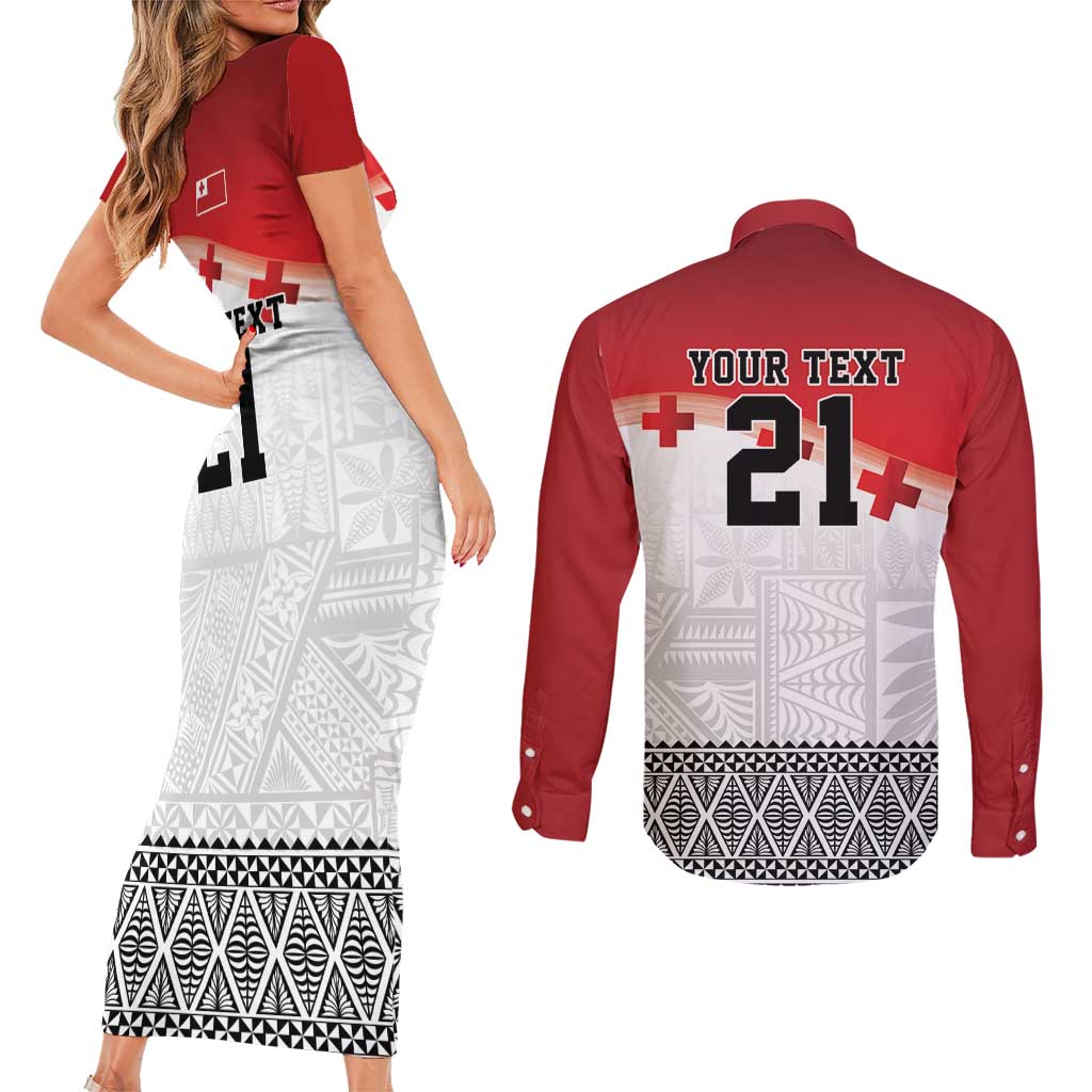 Ikale Tahi Pacific Tonga Rugby Custom Couples Matching Short Sleeve Bodycon Dress and Long Sleeve Button Shirt Tongan Ngatu with Flag Pattern