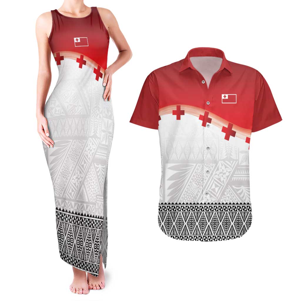 Ikale Tahi Pacific Tonga Rugby Custom Couples Matching Tank Maxi Dress and Hawaiian Shirt Tongan Ngatu with Flag Pattern