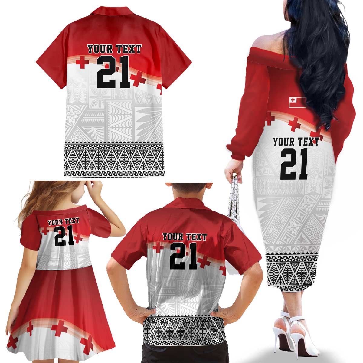 Ikale Tahi Pacific Tonga Rugby Custom Family Matching Off The Shoulder Long Sleeve Dress and Hawaiian Shirt Tongan Ngatu with Flag Pattern