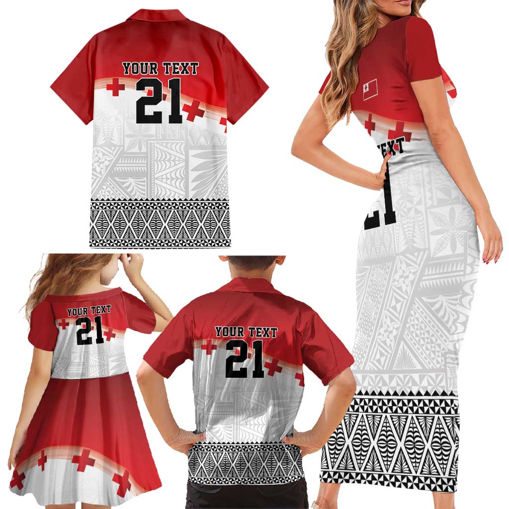 Ikale Tahi Pacific Tonga Rugby Custom Family Matching Short Sleeve Bodycon Dress and Hawaiian Shirt Tongan Ngatu with Flag Pattern