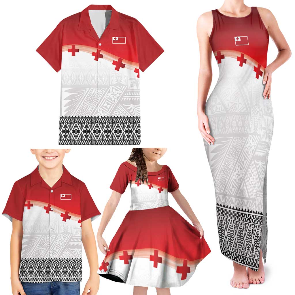 Ikale Tahi Pacific Tonga Rugby Custom Family Matching Tank Maxi Dress and Hawaiian Shirt Tongan Ngatu with Flag Pattern