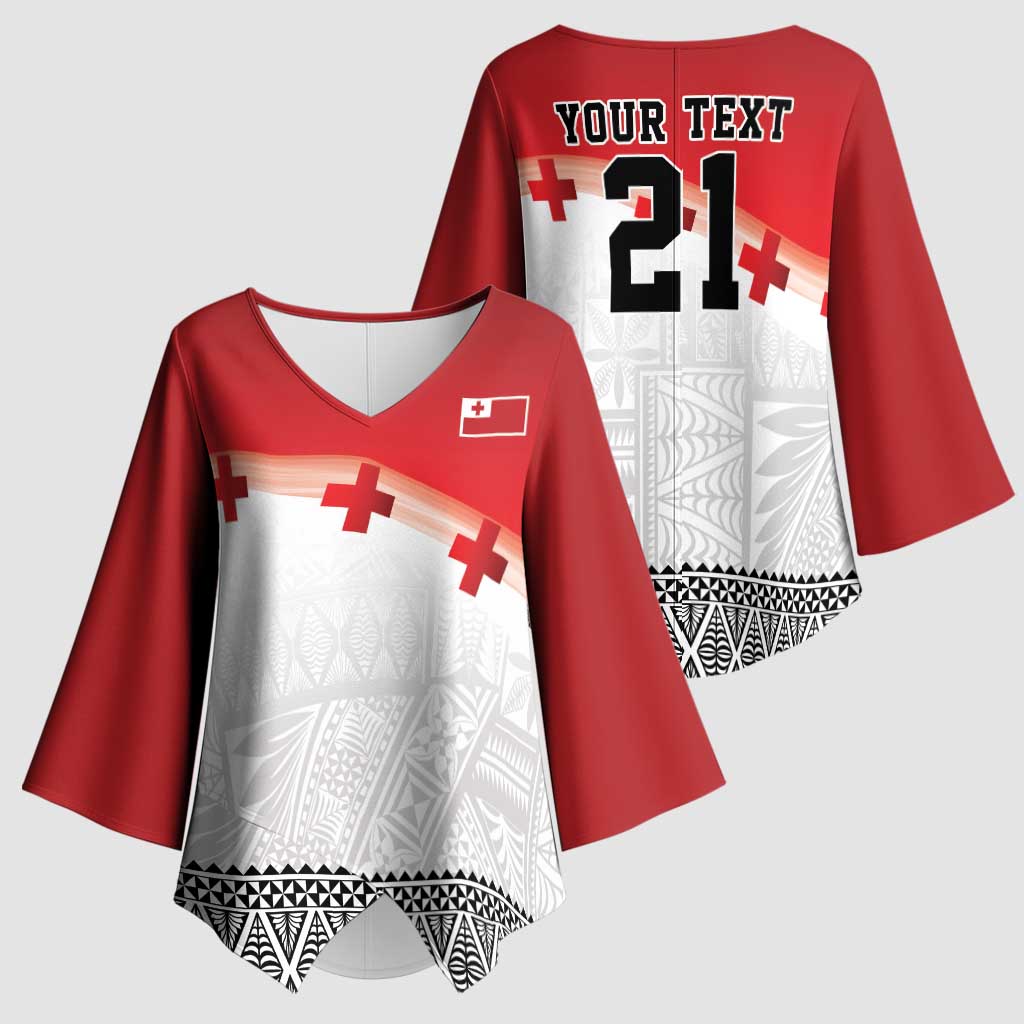 Ikale Tahi Pacific Tonga Rugby Custom Kimono Sleeve Blouse Tongan Ngatu with Flag Pattern - Polynesian Pride