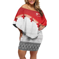 Ikale Tahi Pacific Tonga Rugby Custom Off Shoulder Short Dress Tongan Ngatu with Flag Pattern