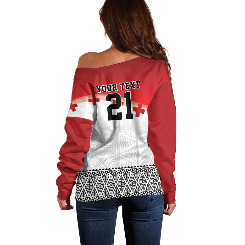 Ikale Tahi Pacific Tonga Rugby Custom Off Shoulder Sweater Tongan Ngatu with Flag Pattern
