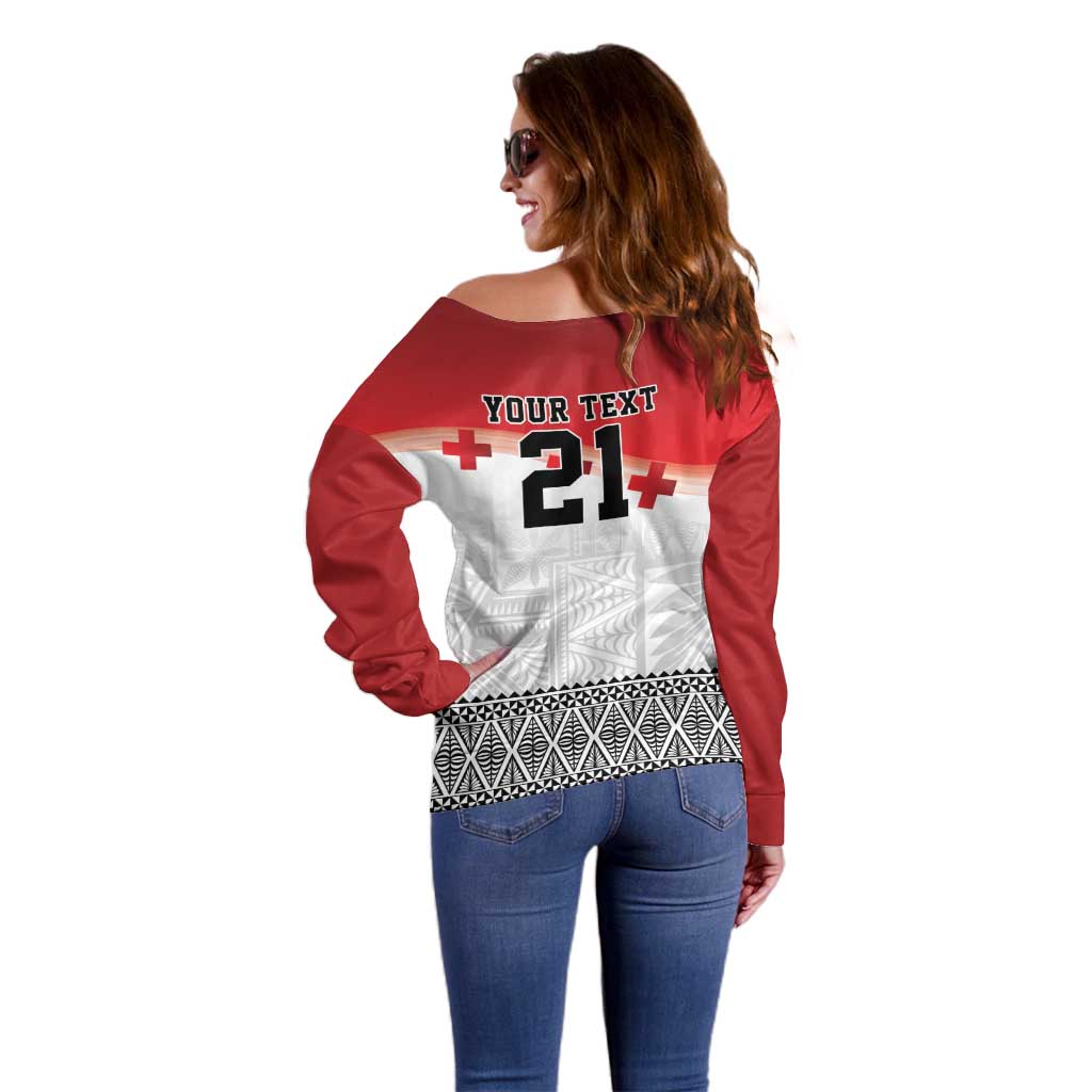 Ikale Tahi Pacific Tonga Rugby Custom Off Shoulder Sweater Tongan Ngatu with Flag Pattern