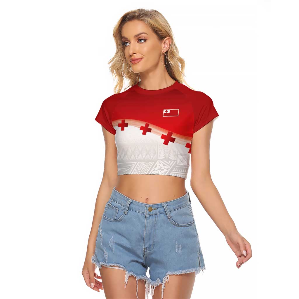 Ikale Tahi Pacific Tonga Rugby Custom Raglan Cropped T Shirt Tongan Ngatu with Flag Pattern