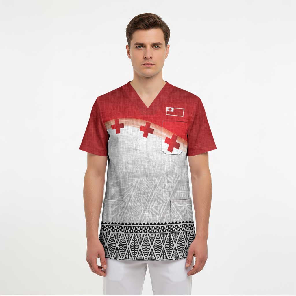 Ikale Tahi Pacific Tonga Rugby Custom Scrub Top Tongan Ngatu with Flag Pattern - Polynesian Pride