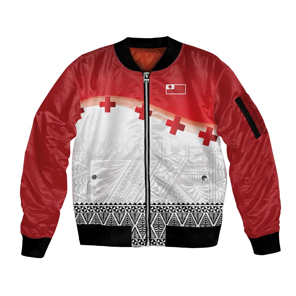 Ikale Tahi Pacific Tonga Rugby Custom Sleeve Zip Bomber Jacket Tongan Ngatu with Flag Pattern