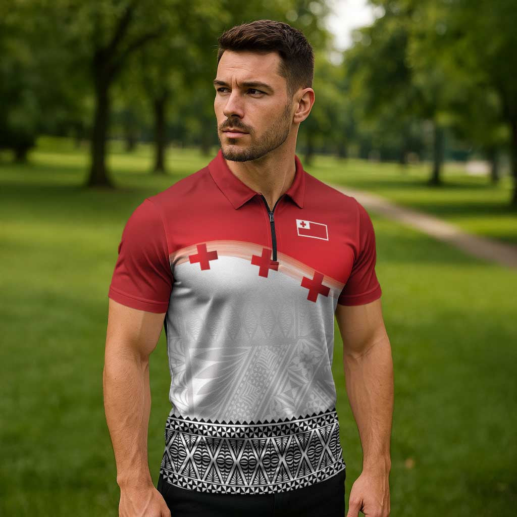 Ikale Tahi Pacific Tonga Rugby Custom Zipper Polo Shirt Tongan Ngatu with Flag Pattern - Polynesian Pride