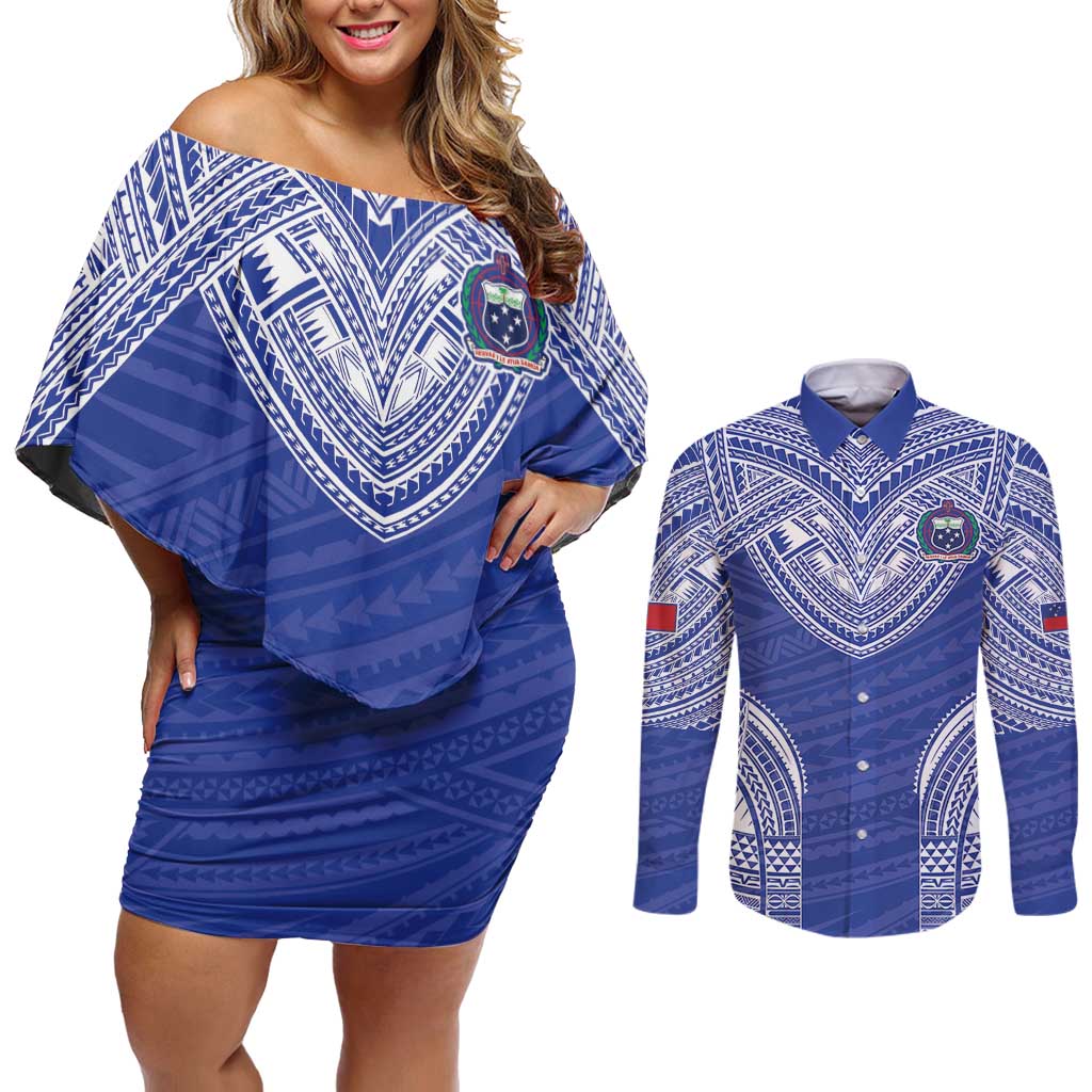 Manu Samoa Pacific Samoa Rugby Custom Couples Matching Off Shoulder Short Dress and Long Sleeve Button Shirt Polynesian Pattern