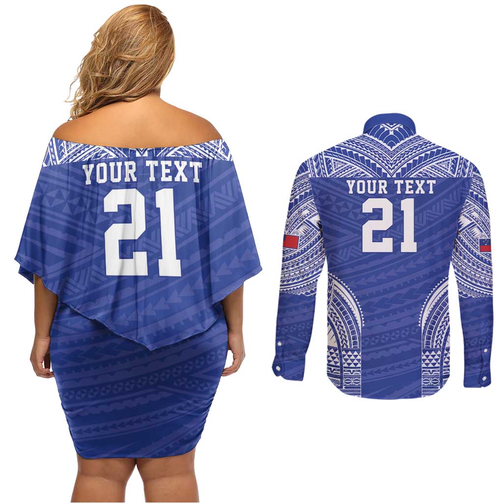 Manu Samoa Pacific Samoa Rugby Custom Couples Matching Off Shoulder Short Dress and Long Sleeve Button Shirt Polynesian Pattern