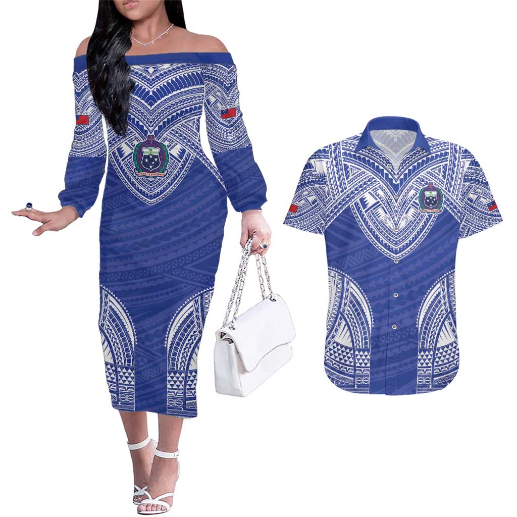 Manu Samoa Pacific Samoa Rugby Custom Couples Matching Off The Shoulder Long Sleeve Dress and Hawaiian Shirt Polynesian Pattern