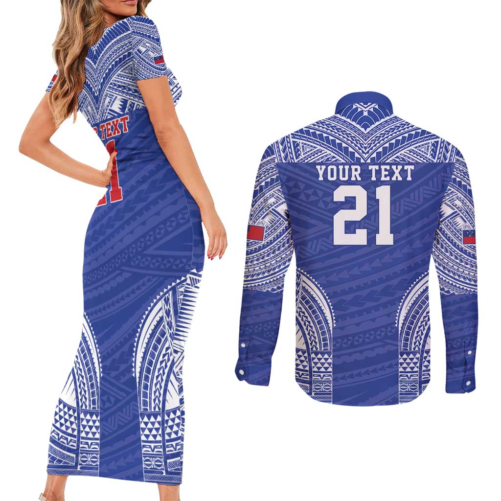 Manu Samoa Pacific Samoa Rugby Custom Couples Matching Short Sleeve Bodycon Dress and Long Sleeve Button Shirt Polynesian Pattern