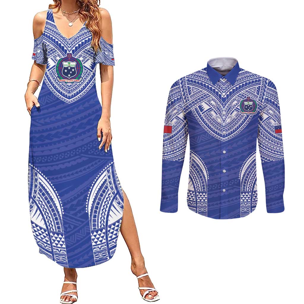 Manu Samoa Pacific Samoa Rugby Custom Couples Matching Summer Maxi Dress and Long Sleeve Button Shirt Polynesian Pattern