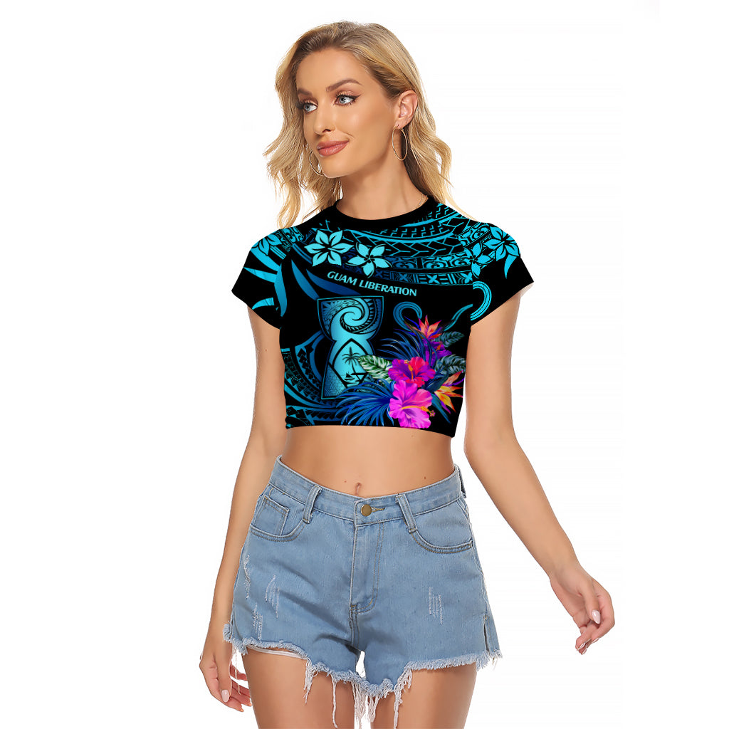 Polynesian Guam Raglan Cropped T Shirt With Latte Stone Happy Liberation Day LT9 Female Blue - Polynesian Pride