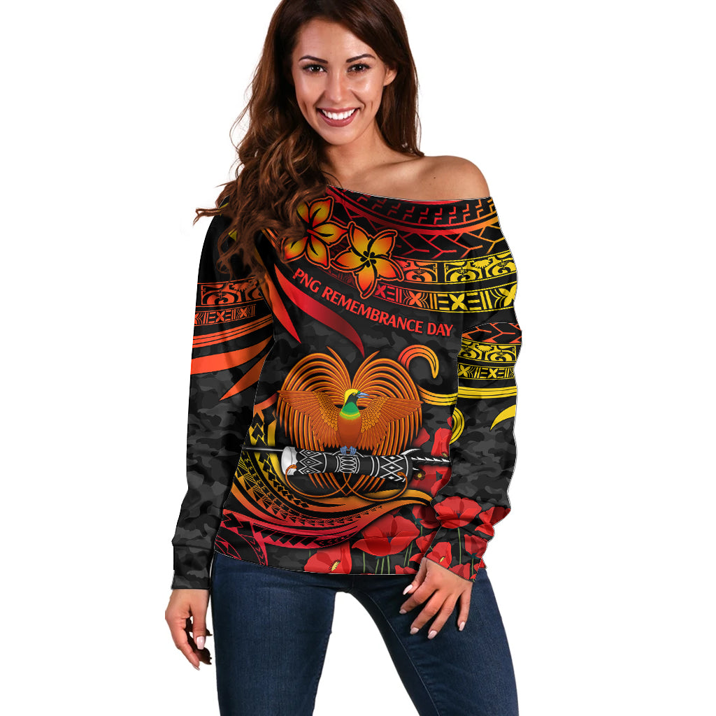 PNG Remembrance Day Off Shoulder Sweater Polynesian Tribal and Poppy LT9 Women Red - Polynesian Pride