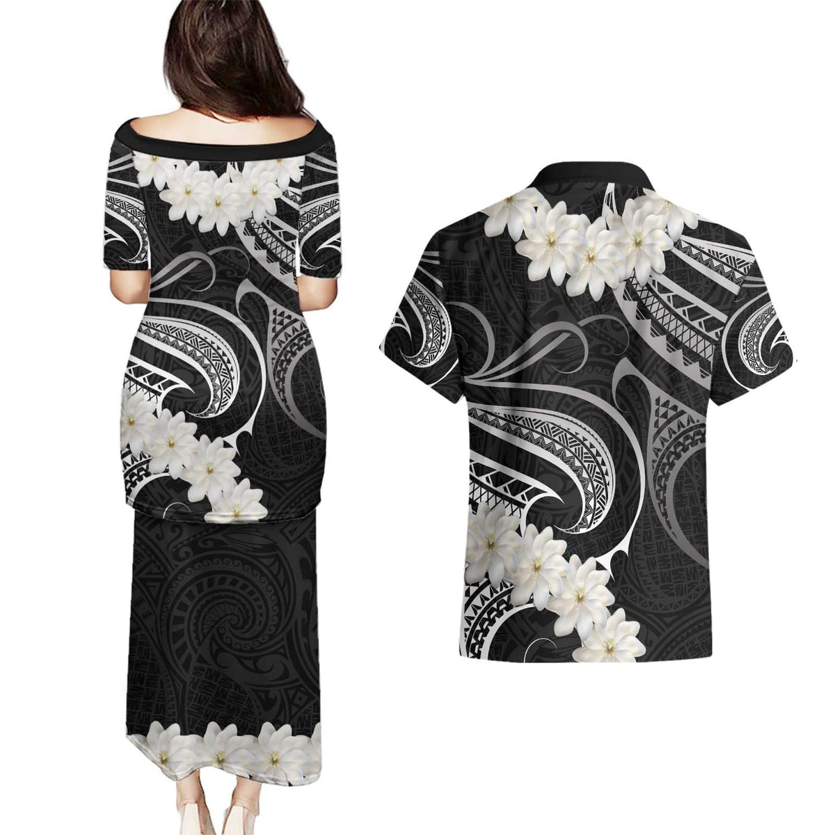 White Sunday Tokelau Gardenia Thunbergia Couples Matching Puletasi and Hawaiian Shirt Fakamalo Atu Kia Te Koutou Uma