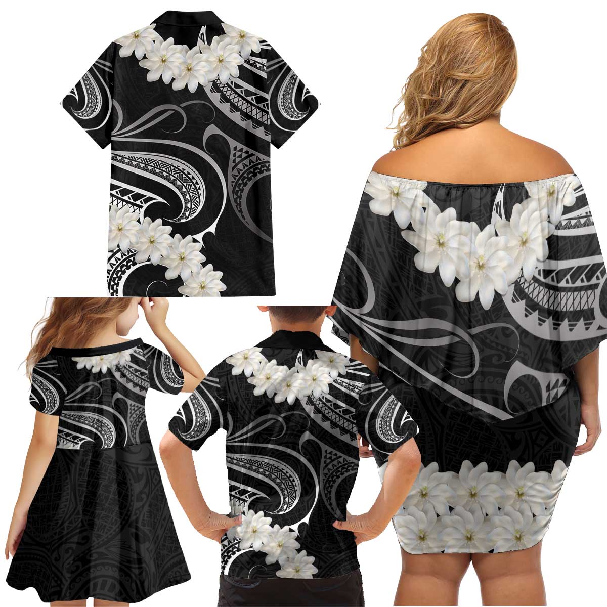 White Sunday Tokelau Gardenia Thunbergia Family Matching Off Shoulder Short Dress and Hawaiian Shirt Fakamalo Atu Kia Te Koutou Uma